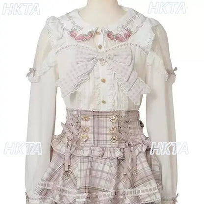 Japanese Mass Produced New Sweet Doll Collar Lolita Strawberry White Shirt Female 2026 Spring Pleated Lace Bow Blouses Top Women