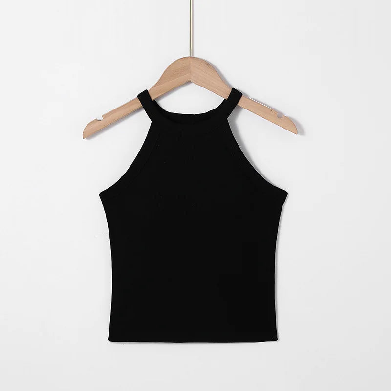 Fashion Threaded Halter Neck Camisole Top with Build-in Bra High Elastic Slim-fitting Sling Fixed Cup Breathable Women Underwear
