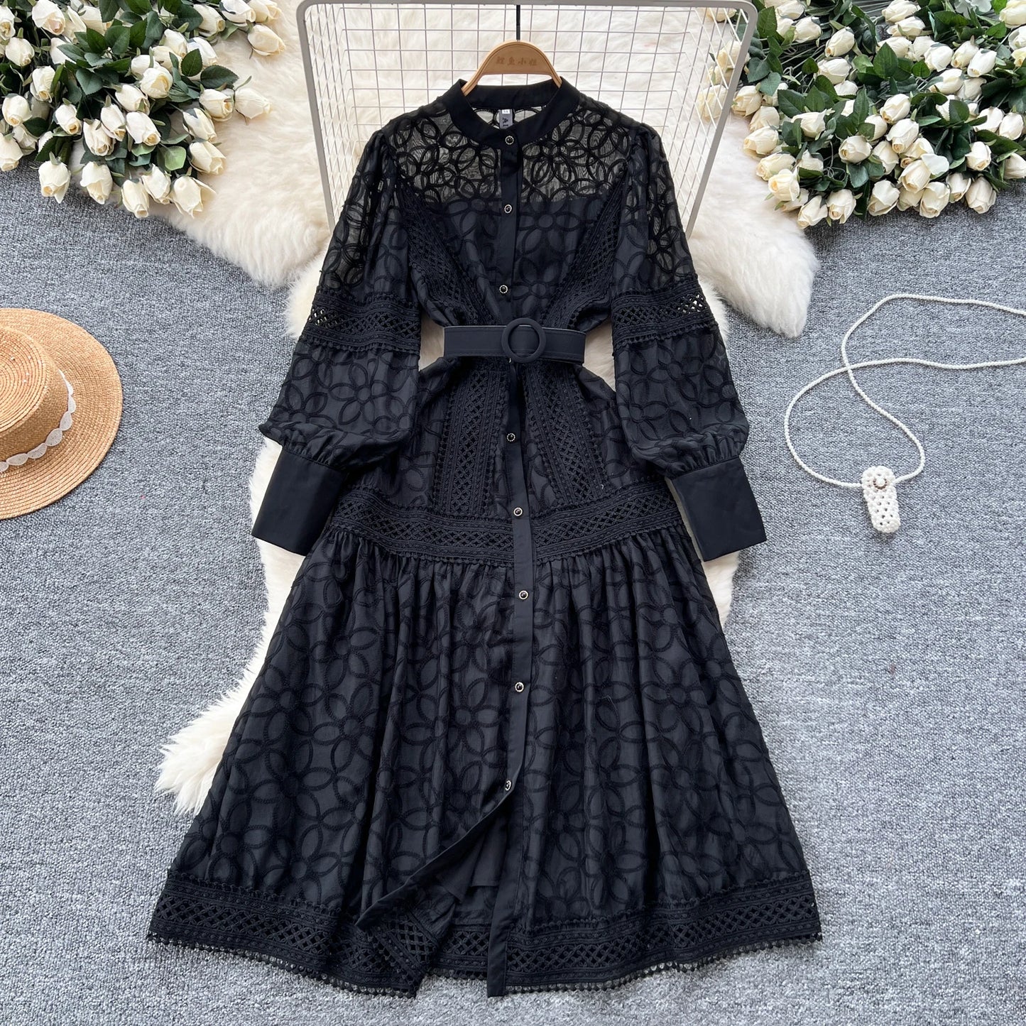 Court Sle Heavy Embroidery Lantern Sve Long Dr Women's Retro Winter Faion High Waist A-Line Dr Korean Version