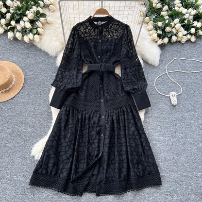 Court Sle Heavy Embroidery Lantern Sve Long Dr Women's Retro Winter Faion High Waist A-Line Dr Korean Version