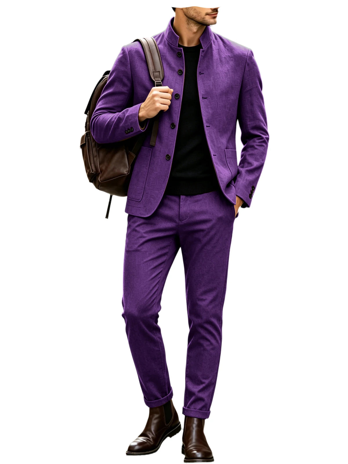 Men's Linen Stand Collar Suit 2-Piece Blazer & Pants Set Slim Fit Business Casual Tuxedo Jacket Trousers Formal Wedding Outfit