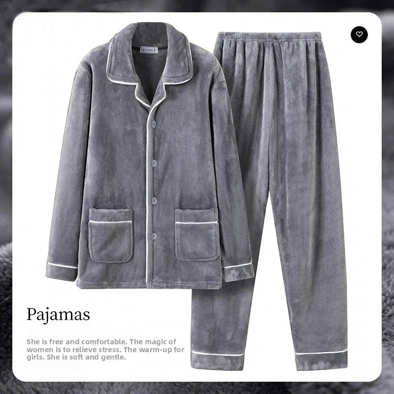 Men's Winter Thickened Fleece Pajamas Coral Velvet Home Clothes Set New Style Long Sleeve Stand Collar Couple's Outfit