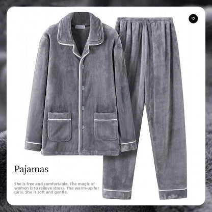 Men's Winter Thickened Fleece Pajamas Coral Velvet Home Clothes Set New Style Long Sleeve Stand Collar Couple's Outfit