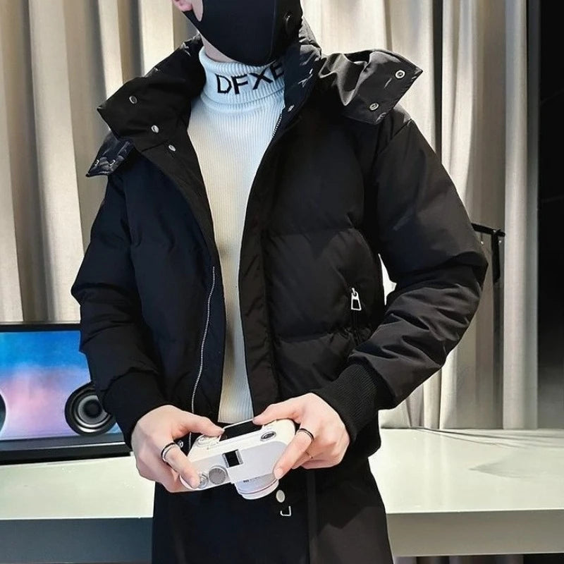 Heavy Duty Men's Cotton Padded Coat 2025 Trendy Hooded Jacket with Detachable Hood Zipper Closure