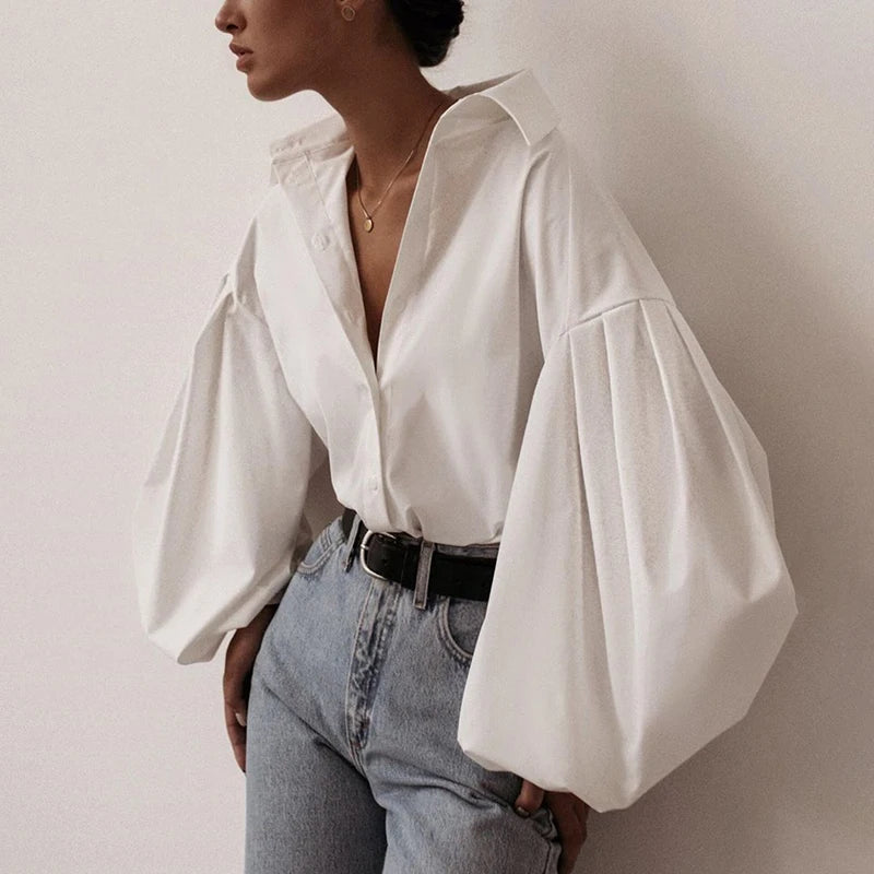 2025 Autumn Lantern Long Sleeve Elegant Blouse Shirt Women Basic Top Casual Turn Down Collar Office Lady White Shirt Tops Blusas