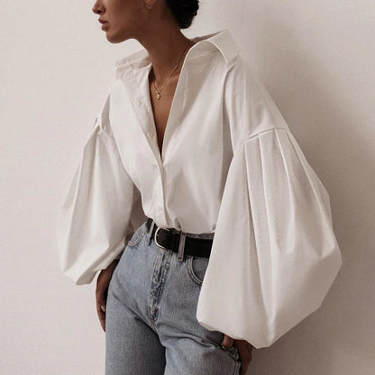 2025 Autumn Lantern Long Sleeve Elegant Blouse Shirt Women Basic Top Casual Turn Down Collar Office Lady White Shirt Tops Blusas