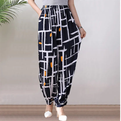 High Waist Lantern Pants Casual Cotton Silk Large Size Printed Long Trousers for Middle-Aged And Elderly Women