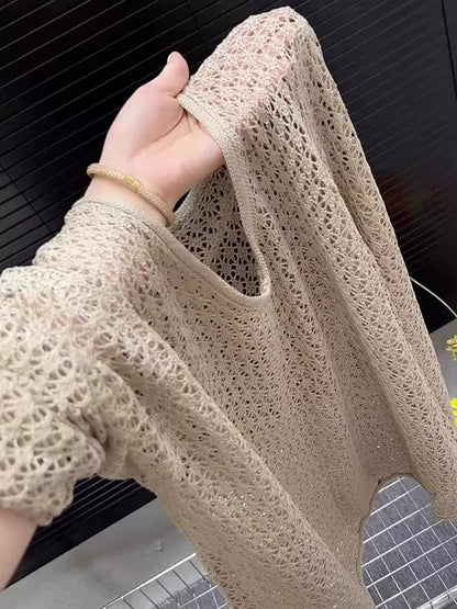 Korean Style Khaki Knitted Hollow out Long Sleeve Top Women's Spring Summer Thin Sun Protection Loose Fit round Neckline
