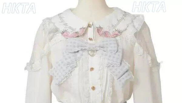 Japanese Mass Produced New Sweet Doll Collar Lolita Strawberry White Shirt Female 2026 Spring Pleated Lace Bow Blouses Top Women