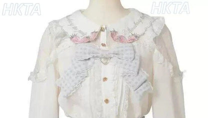 Japanese Mass Produced New Sweet Doll Collar Lolita Strawberry White Shirt Female 2026 Spring Pleated Lace Bow Blouses Top Women