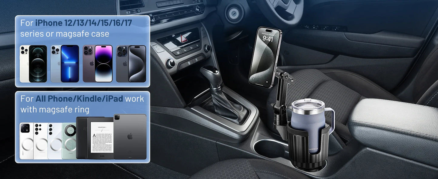 Magnetic Cup Holder Phone Mount, Compatible with MagSafe, 4.1" Base Adjustable Height Car Cup Holder Secure Fit for Car or SUV