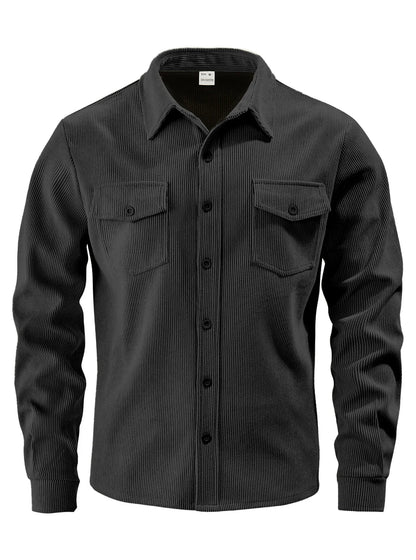 Men's Corduroy Button Down Shirt Casual Long Sleeve Work Shacket with Chest Pockets Fall Winter Fleece Lined Top