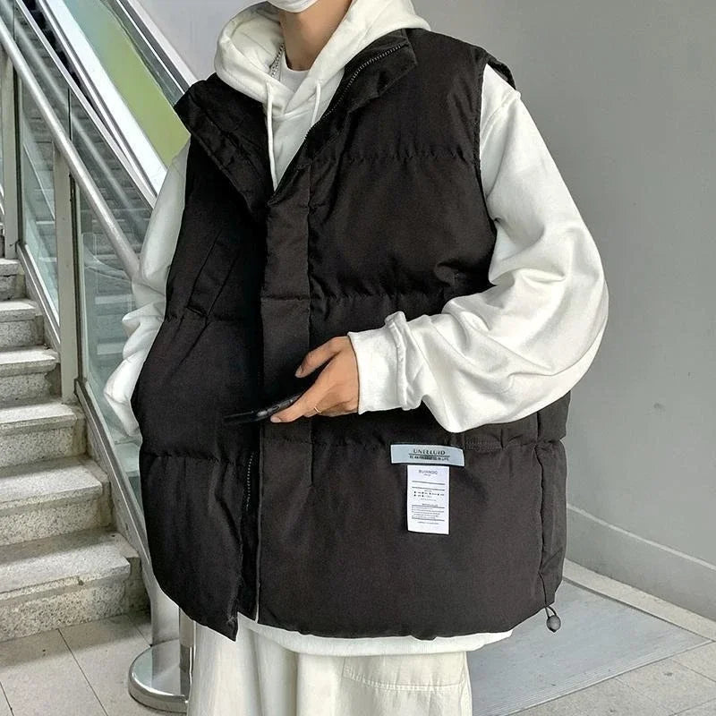 Oversized Cotton Vest for Men Loose Fitting Standing Collar Winter Coat Casual Layering Jacket for School Streetwear