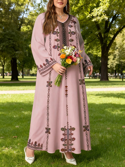 Middle Eastern Elegant Robe, New Spring and Autumn Style, Plus-Size Fashion Women's Clothing, Ethnic Print, Stylish, Loose and Comfortable, Holiday Style Long-Sleeve Dress