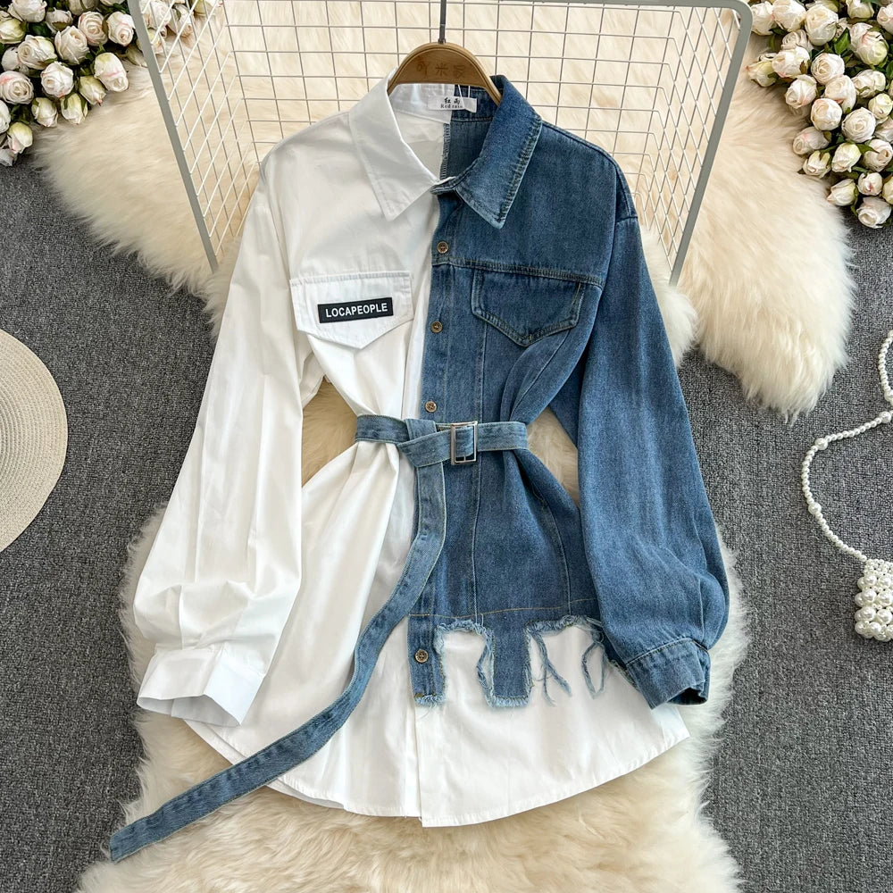 Retro Hong Kong Sle Casual Mid-Length Women's Denim irt with Belt Spring New Faion Chic Loose Fit Pure Color  Collar