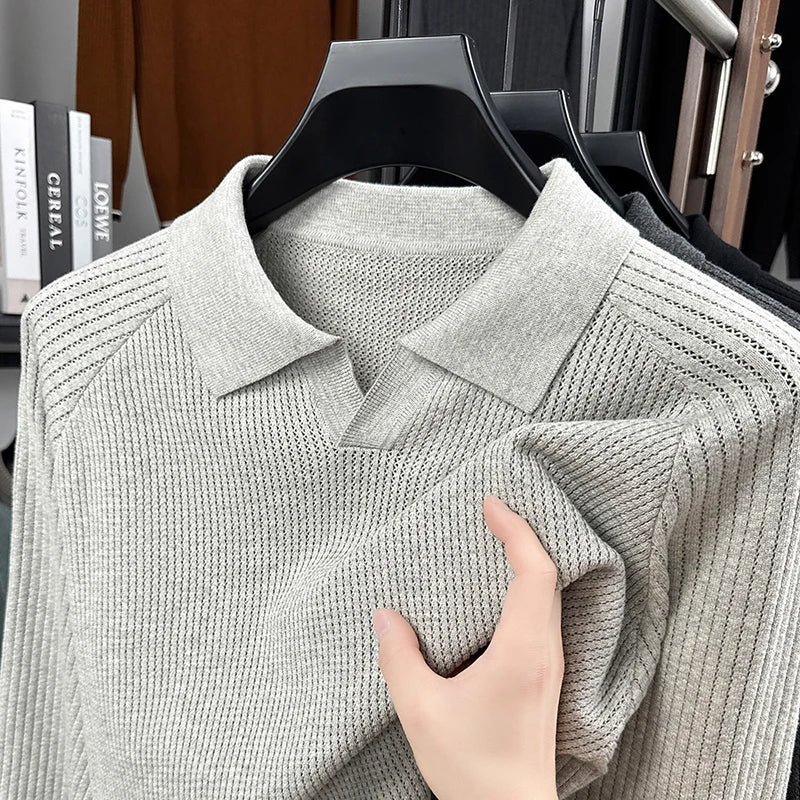 Men's 100% Cotton Long Sleeve Polo Shirt Pineapple Texture Seagull Collar Shape Retaining Wrinkle-Free Hot Seller Casual Fashion