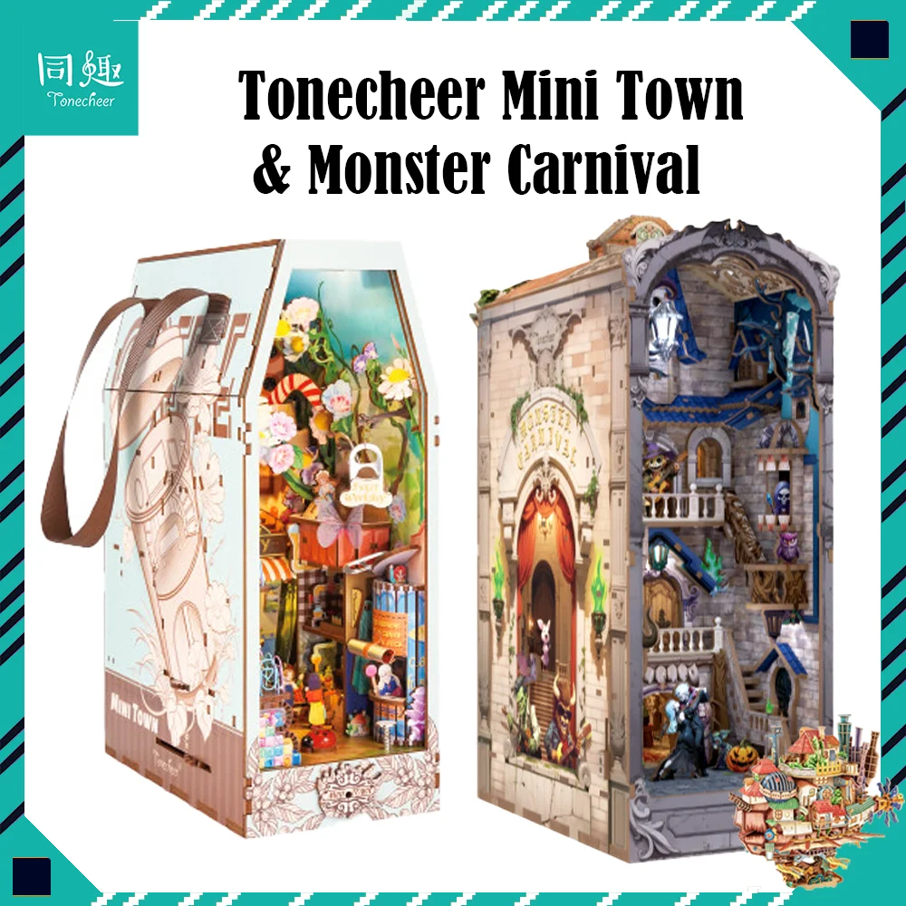 Tonecheer Mini Town Monster Carnival Wooden Puzzle Building Blocks Diorama Model Kit 3D Wooden Gift Toy Dollhouse Decoration