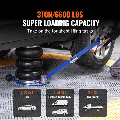 SucceBuy Pneumatic Jack 3 Ton/5 Ton Triple Bag Air Jack Quick Lift Heavy Duty Car Repair Jacks Folding Rod Jacks with Two Wheel
