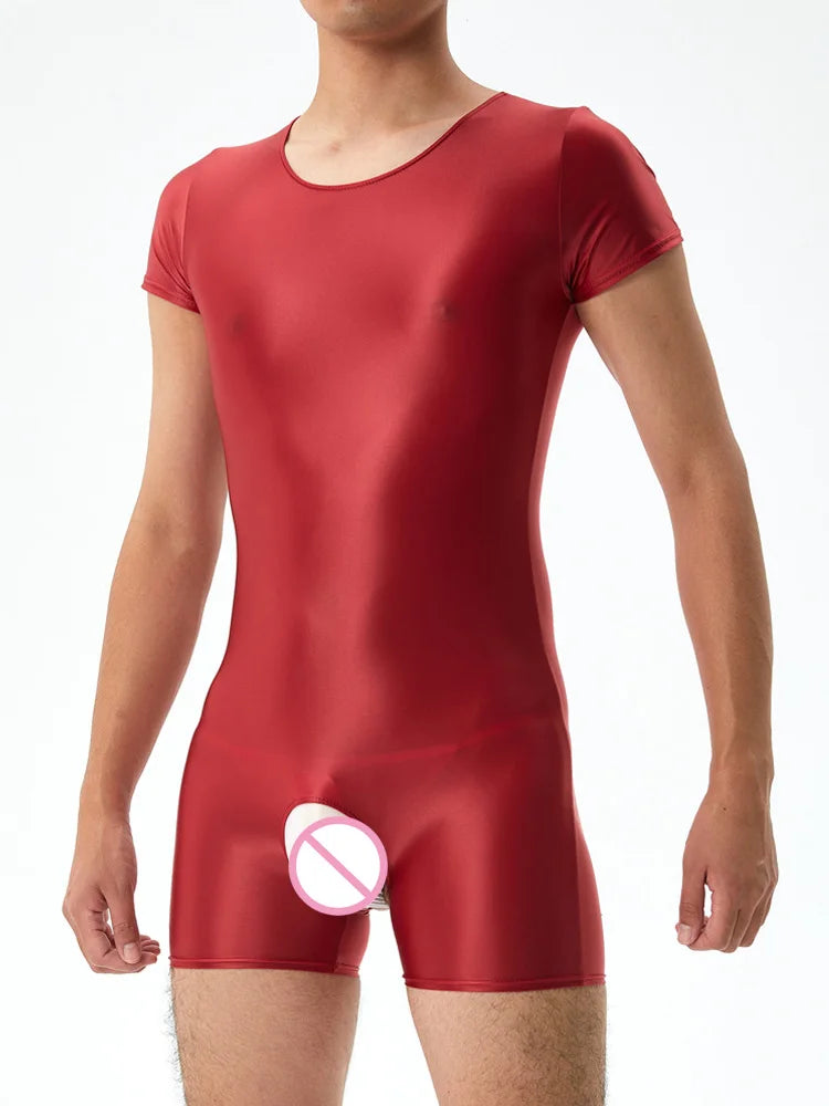 Men's Crotchless Bodysuit Stain Oil Shiny Tights Sheer See Through Yoga Shaping Leotard Elastic Sexy Exotic Tops Candy Color