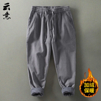 Men's Winter Thickened Cotton Linen Casual Pants Loose Fit Thermal Long Trousers Traditional Chinese Style Warm Cotton Padded