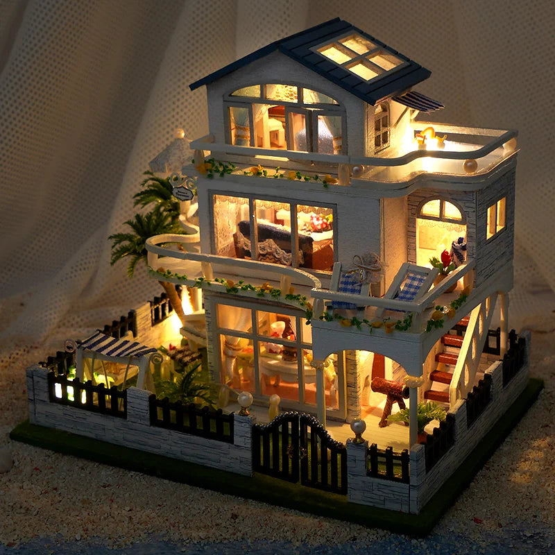 NEW DIY Wooden Mini Seaside Villa Miniature Building Kits Doll Houses With Furniture Casa Dollhouses for Friends Birthday Gifts