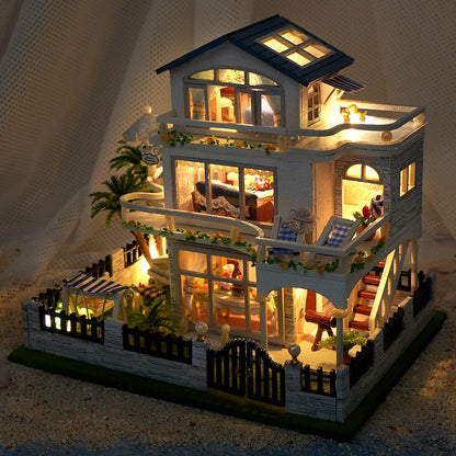 NEW DIY Wooden Mini Seaside Villa Miniature Building Kits Doll Houses With Furniture Casa Dollhouses for Friends Birthday Gifts