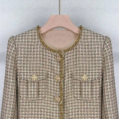 Autumn Winter Small Fragrant Style Gold Plaid Coarse Knitted Two Piece Set Women Suit Coat Tweed Jackets Midi Long Skirts Sets