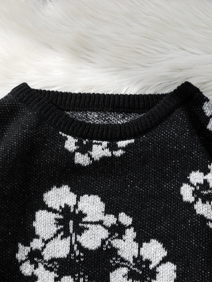 All-Over Floral Jacquard Pattern Pullover Sweater, Casual Crew Neck Knit Men's Pullover, Super Cool Winter Gift