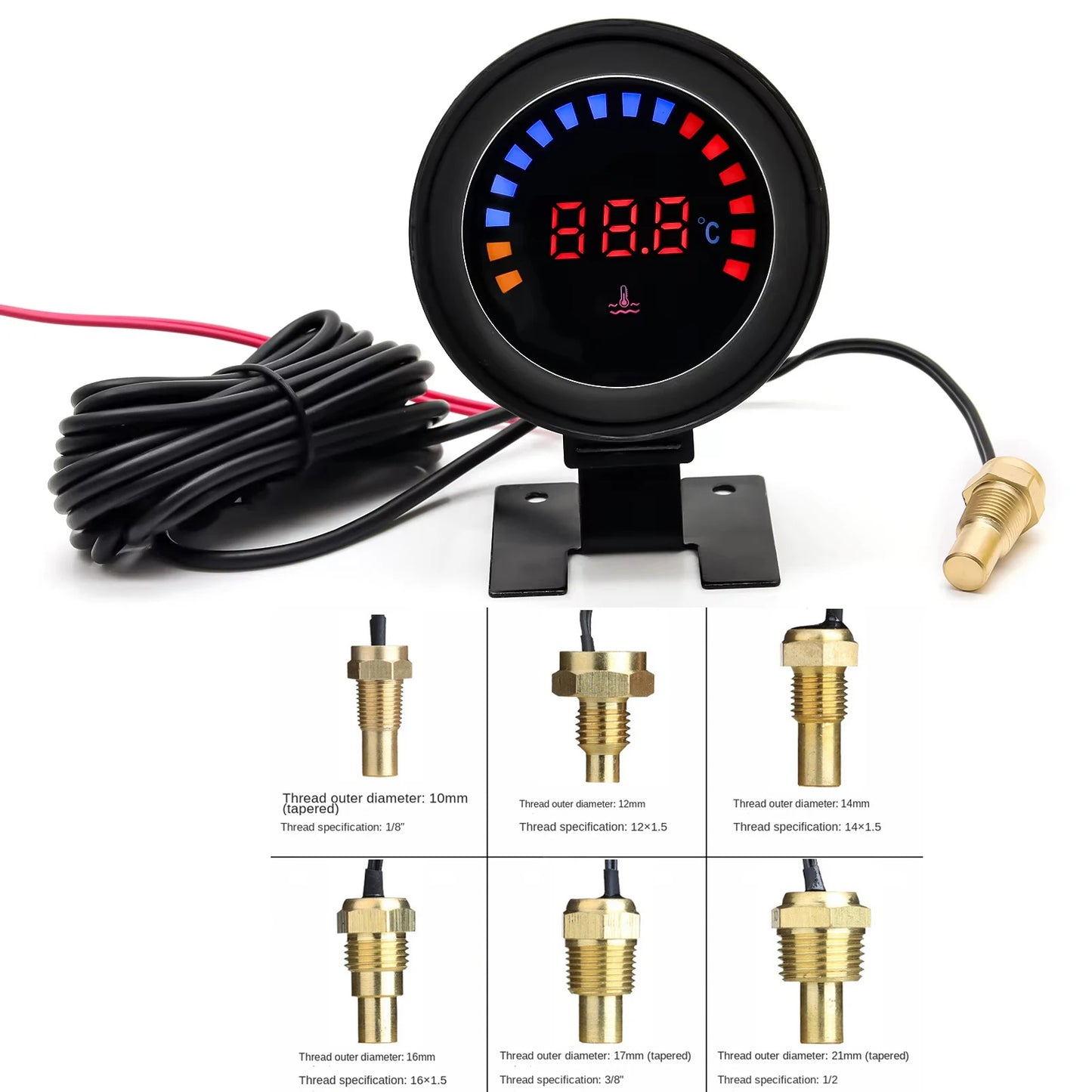 52mm 2 in 1 LED Digital Water Temp Gauge Voltmeter 12V 24V Car Truck Motorcycle with 10mm Sensor 26-40MM Adapter Celsius Meter