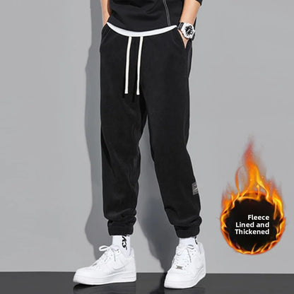Trendy Retro Corduroy Joggers Men's Autumn Winter 2025 New Fleece Lined Loose Sports Casual Pants Comfortable Long Trousers