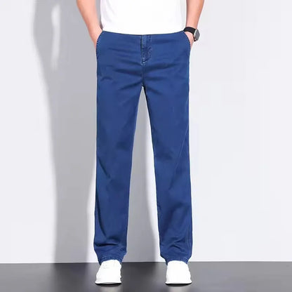 Classic Men's High Waist Cotton Jeans Summer Thin Fitted Straight Business Casual Denim Work Trousers Blue Gray