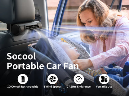 Socool Portable Car Fan Wireless 10000mAh 27.5Hrs Long-Lasting 4-Speed Cooling Backseat Fan Headrest Fan for Baby Kids RV Truck