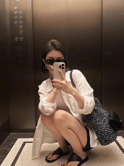 White Linen Cotton Blend Long Sleeve Shirt Women Summer Thin Loose Style Sun Protection Top Casual Commute Fashion  Collar