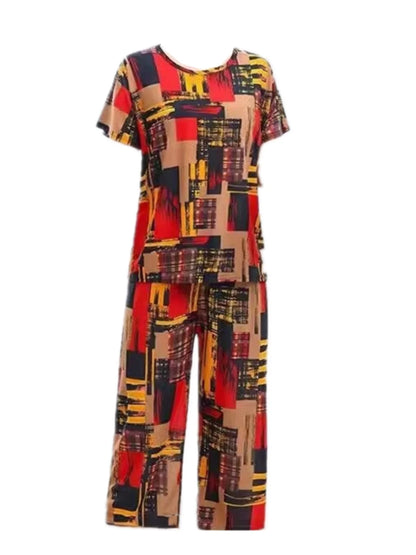 Summer 2025 Ice Silk Loose Fit Short Sleeve round Neck Two Piece Set for Middle-Aged And Elderly Casual Style Comfortable Wear