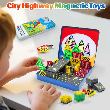 Magnetic Road Construction Set Toys For Kids Gift Magnetic Building Blocks Montessori Educational Toys 32/58PCS With Iron Box