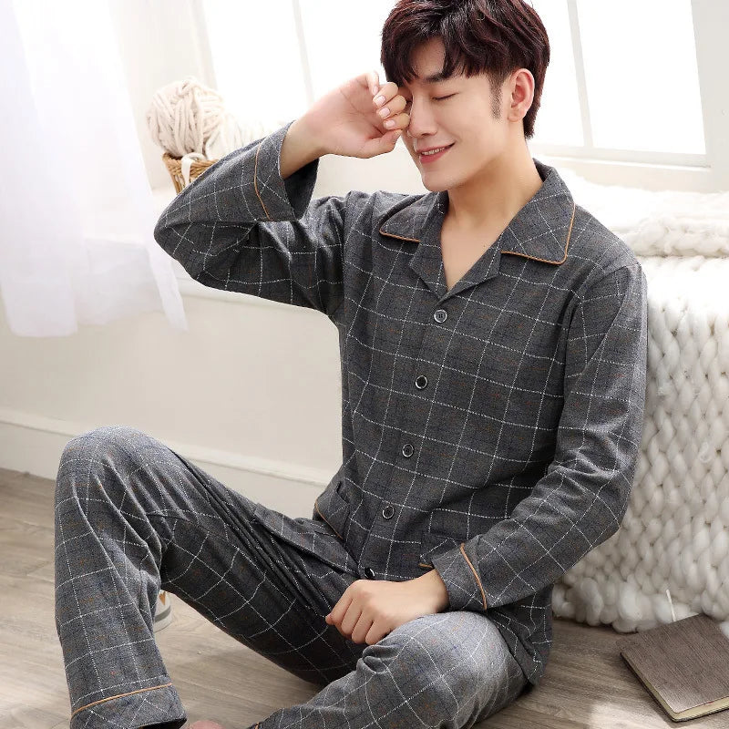 Pajamas Men's Spring and Fall Winter 100% Cotton Long-Sleeved Large Size Leisure Sleepwear Homewear Plaid Nightwear Loungewear
