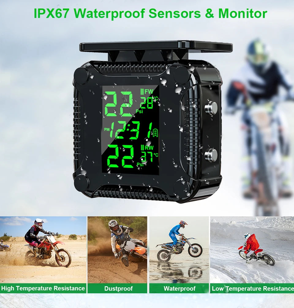 Powstation TPMS Wireless Motorcycle Tire Pressure Monitoring System Solar Charge Tyre Temperature Alarm System Colorful Display