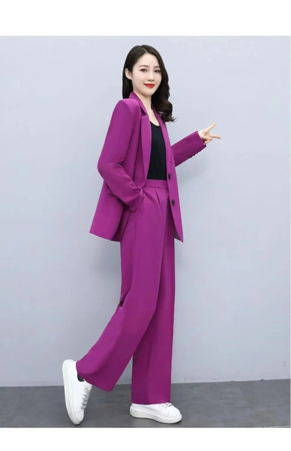 Spring 2026 plus Size Suit Set Loose Wide Leg Pants Two Piece Set Korean Style Commute Casual High Waist Polyester Fiber