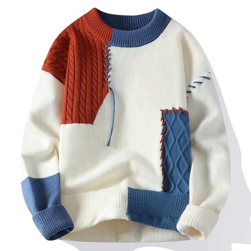 2025 New Patchwork Sweater Trend High Street Fashion Autumn and Winter Warm Men's Top Hip-hop Street Clothing