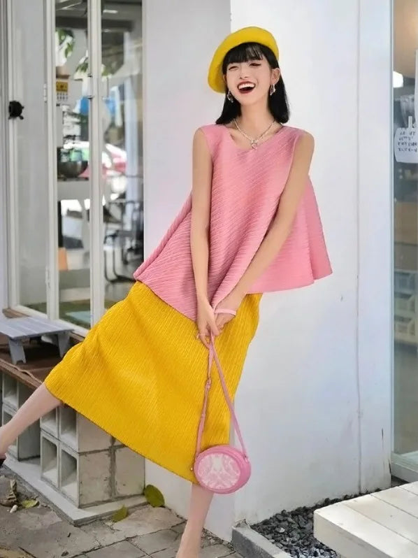 Unique Folded Design Sleeveless Top Set for Small Women Elegant Suitable Travel Wear Polyester Summer T-Shirt round Neck High...