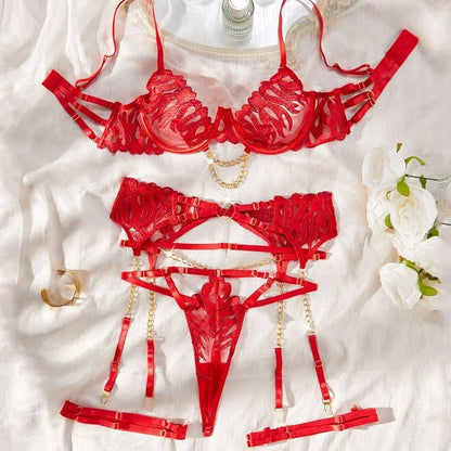 Tornova Lingerie Sexy Porn Underwear for Women Body Transparent Bra Metal Chain Lace Exotic 4-Piece Hollow Out Slim Set Bra New