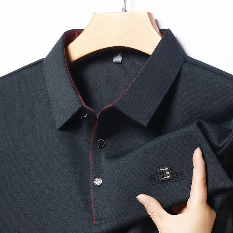 Men's Business Ice Silk Work Shirts Summer Badge Solid Color Polo Shirt Office Wear Man Breathable Comfortable Versatile Tops