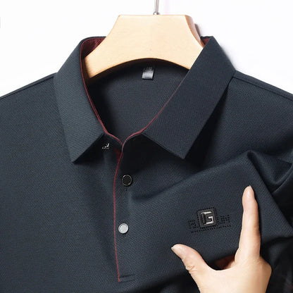 Men's Business Ice Silk Work Shirts Summer Badge Solid Color Polo Shirt Office Wear Man Breathable Comfortable Versatile Tops