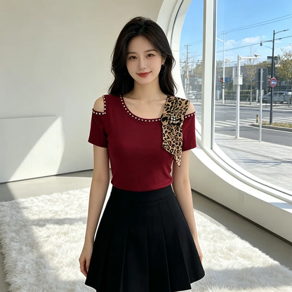 Summer New Off Shoulder Short sleeved T-shirt Korean Fashion Diamond Tops Slim Style Bowknot Women Shirt