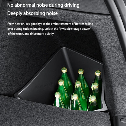For Tesla NEW Model YL 2026 Rear Trunk Side Storage Box Cargo Organizer TPE Bin Box Flocking Mat Partition Board Accessories