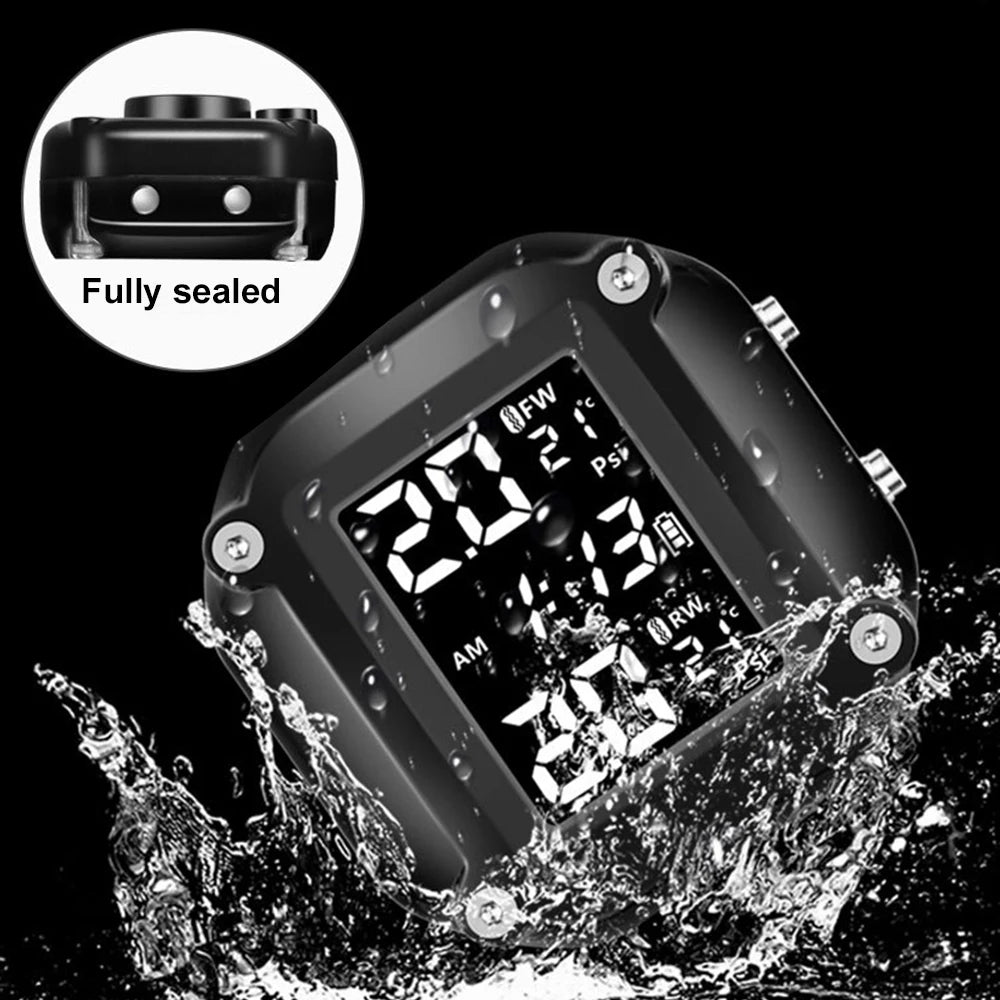Motorcycle TPMS LCD Display With 2 External Sensors Motor Tire Pressure Monitoring Alarm System Tyre Temperature