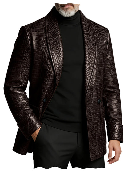 Men's Crocodile Embossed Leather Blazer Double Breasted Business Casual Brown Jacket Office Wear Formal Plus Size  Suit Coat