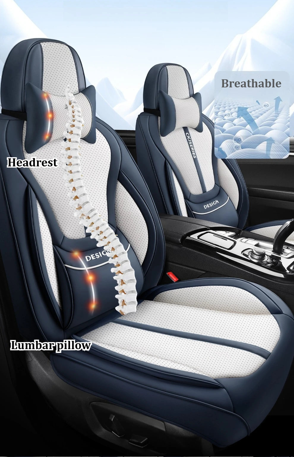 Premium PU Leather Auto Seat Covers Set with Built-in Lumbar Support +2 Headrest Covers +1 Steering Wheel Cover Comfortable