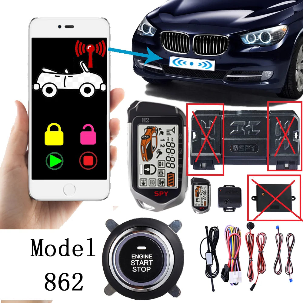 Germany Spy Bluetooth APP Two Way Car Alarm System Engine Start 2 LCD Remote 5000M Push Button Security Keyless Entry PKE 862