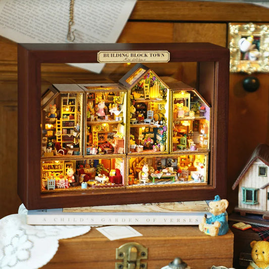 Dollhouse Diy Wooden Miniature Furniture With LED Case 6 complete sets of mini exquisite toy models for building block towns